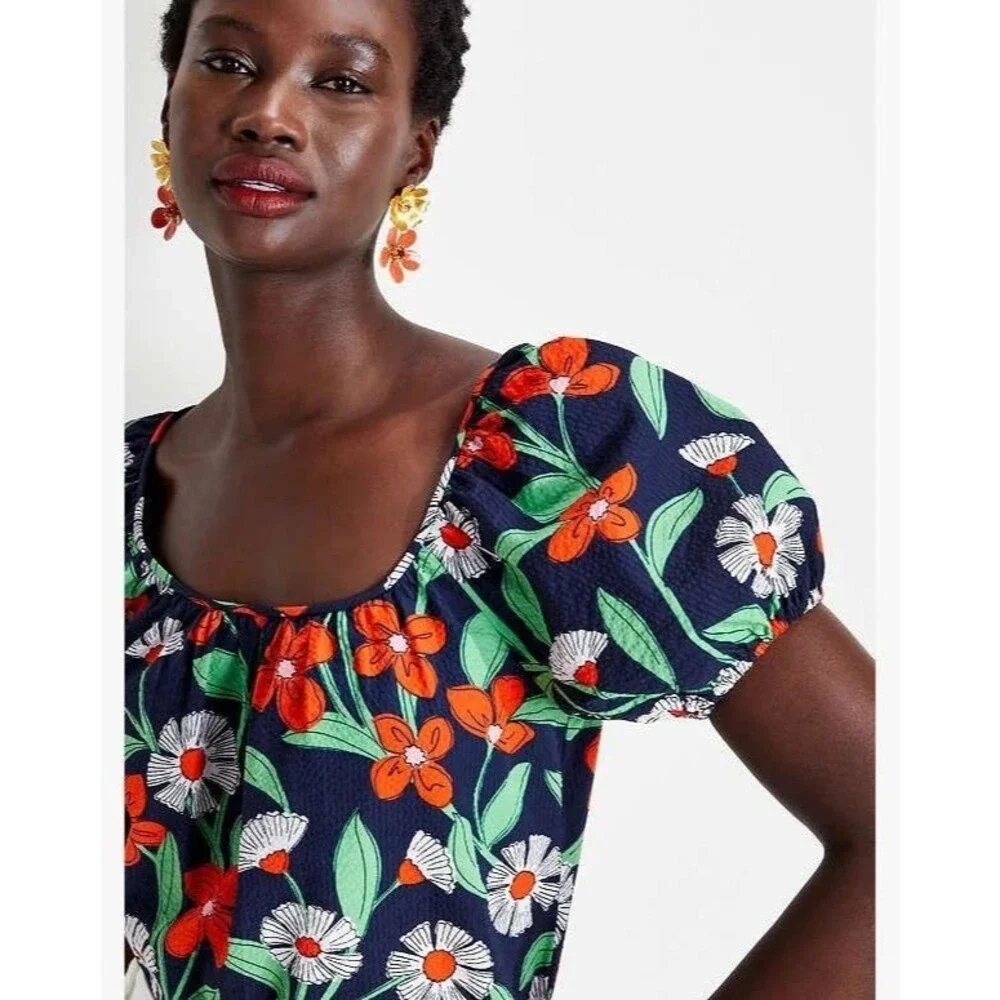 Kate Spade Size Small Daisy Vines Puff Sleeve Blouse Blue Floral Scoop Neck EUC